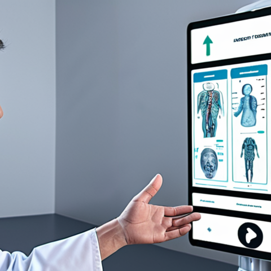 **

A doctor looking thoughtfully at a patient's chart alongside a holographic display showing AI-generated treatment options. The AI options appear very clinical and data-driven, while the doctor has a concerned expression, conveying a sense of weighing the AI's input against their own human judgment and the patient's individual needs. Emphasize the doctor-patient relationship in the scene, perhaps with a hand gently placed on the patient's arm. The overall tone should be thoughtful and slightly apprehensive, highlighting the balance between AI and human expertise.

**