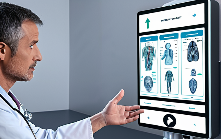 **

A doctor looking thoughtfully at a patient's chart alongside a holographic display showing AI-generated treatment options. The AI options appear very clinical and data-driven, while the doctor has a concerned expression, conveying a sense of weighing the AI's input against their own human judgment and the patient's individual needs. Emphasize the doctor-patient relationship in the scene, perhaps with a hand gently placed on the patient's arm. The overall tone should be thoughtful and slightly apprehensive, highlighting the balance between AI and human expertise.

**