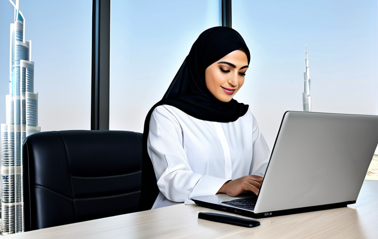 **

"A successful Arab businesswoman in a professional, modest abaya and hijab, working on a laptop in a modern office in Dubai, with Burj Khalifa visible in the background, fully clothed, appropriate attire, safe for work, perfect anatomy, natural proportions, professional digital art, high quality, family-friendly."

**