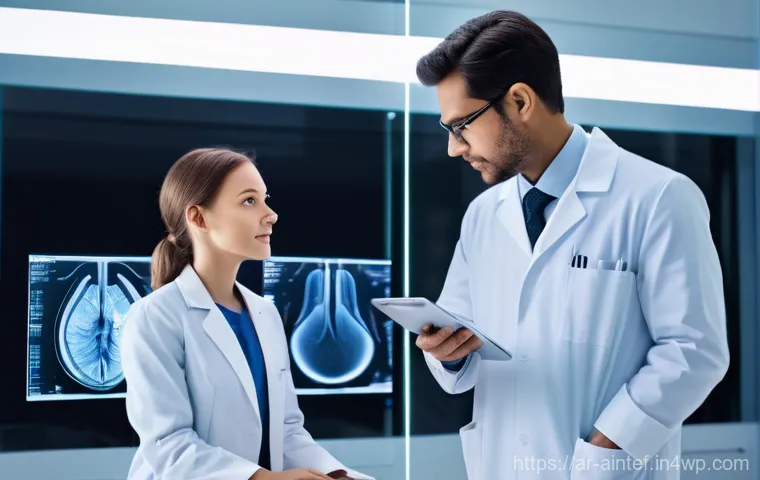 AI 기반 치료의 윤리적 임상 적용 - **Prompt:** A highly advanced, futuristic medical clinic bathed in soft, warm light. A compassionate...