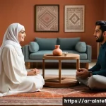 AI와 인간 치료사의 역할 비교 - A warm, inviting therapy session scene set in a modern Middle Eastern living room, showing a compass...