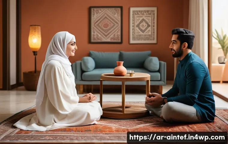 AI와 인간 치료사의 역할 비교 - A warm, inviting therapy session scene set in a modern Middle Eastern living room, showing a compass...