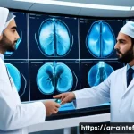 Home 21 AI 치료의 신뢰성 및 효과성 평가 - A high-tech medical imaging laboratory in a modern Middle Eastern hospital, featuring advanced AI-po...
