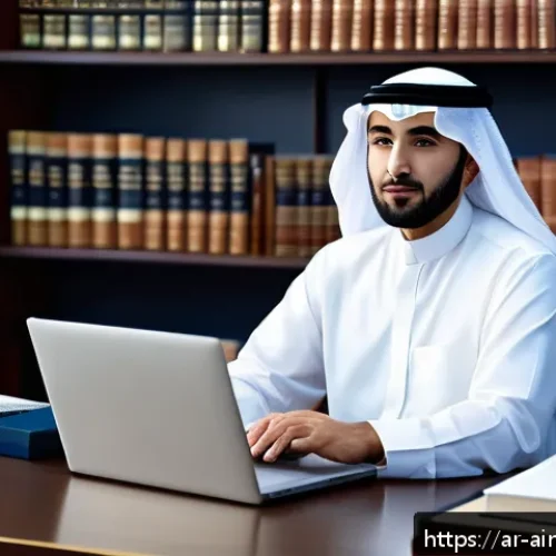 Home 32 AI 치료의 법적 프레임워크 분석 - A professional Middle Eastern legal expert in traditional attire, sitting at a modern desk with Arab...