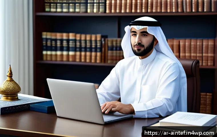 AI 치료의 법적 프레임워크 분석 - A professional Middle Eastern legal expert in traditional attire, sitting at a modern desk with Arab...