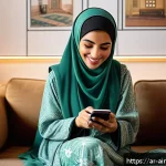Home 19 AI 치료의 감정적 지원 방법 - A modern Arab woman using a smartphone app for emotional support, sitting comfortably in a cozy livi...