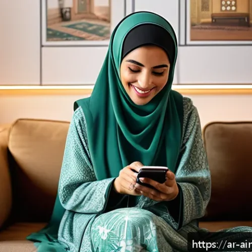 Home 31 AI 치료의 감정적 지원 방법 - A modern Arab woman using a smartphone app for emotional support, sitting comfortably in a cozy livi...