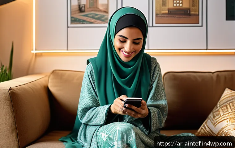 AI 치료의 감정적 지원 방법 - A modern Arab woman using a smartphone app for emotional support, sitting comfortably in a cozy livi...