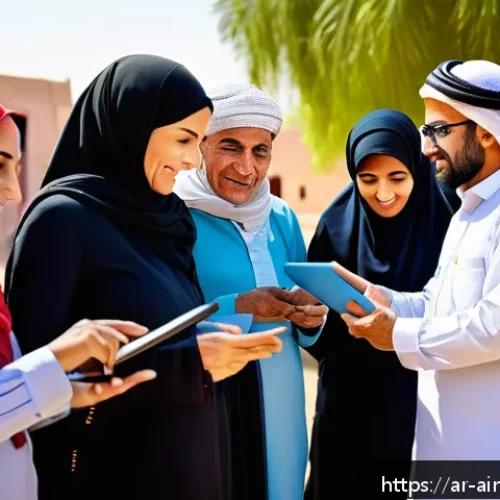 Home 30 AI 테라피의 접근성 향상 방안 제안 - A vibrant rural Middle Eastern village scene showing a group of diverse adults and elderly people en...