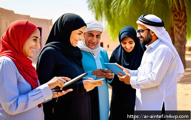 AI 테라피의 접근성 향상 방안 제안 - A vibrant rural Middle Eastern village scene showing a group of diverse adults and elderly people en...