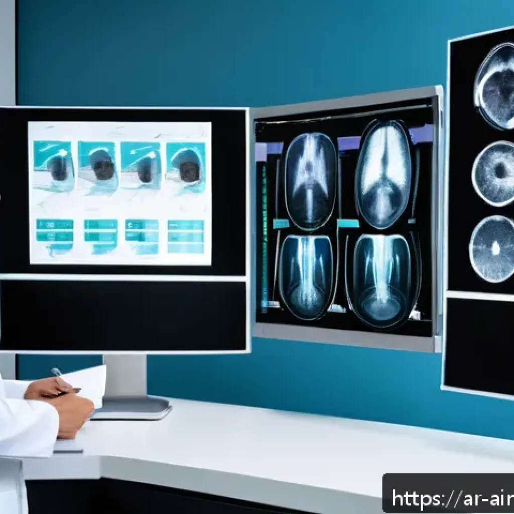 AI 치료의 사회적 영향과 윤리적 고려 - A modern hospital radiology room in a Middle Eastern setting, featuring a diverse Arab male doctor w...