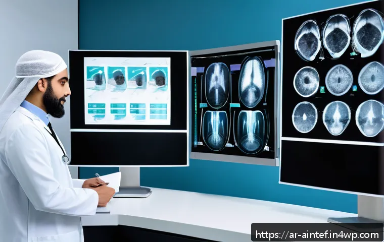 AI 치료의 사회적 영향과 윤리적 고려 - A modern hospital radiology room in a Middle Eastern setting, featuring a diverse Arab male doctor w...
