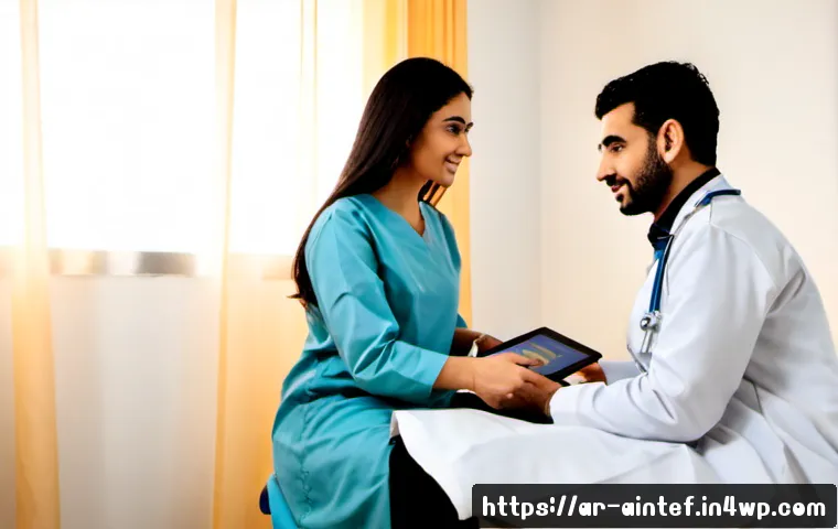 AI와 환자의 심리적 안전 보장 - Photorealistic Middle Eastern female doctor in modest professional attire sitting beside an adult Ar...